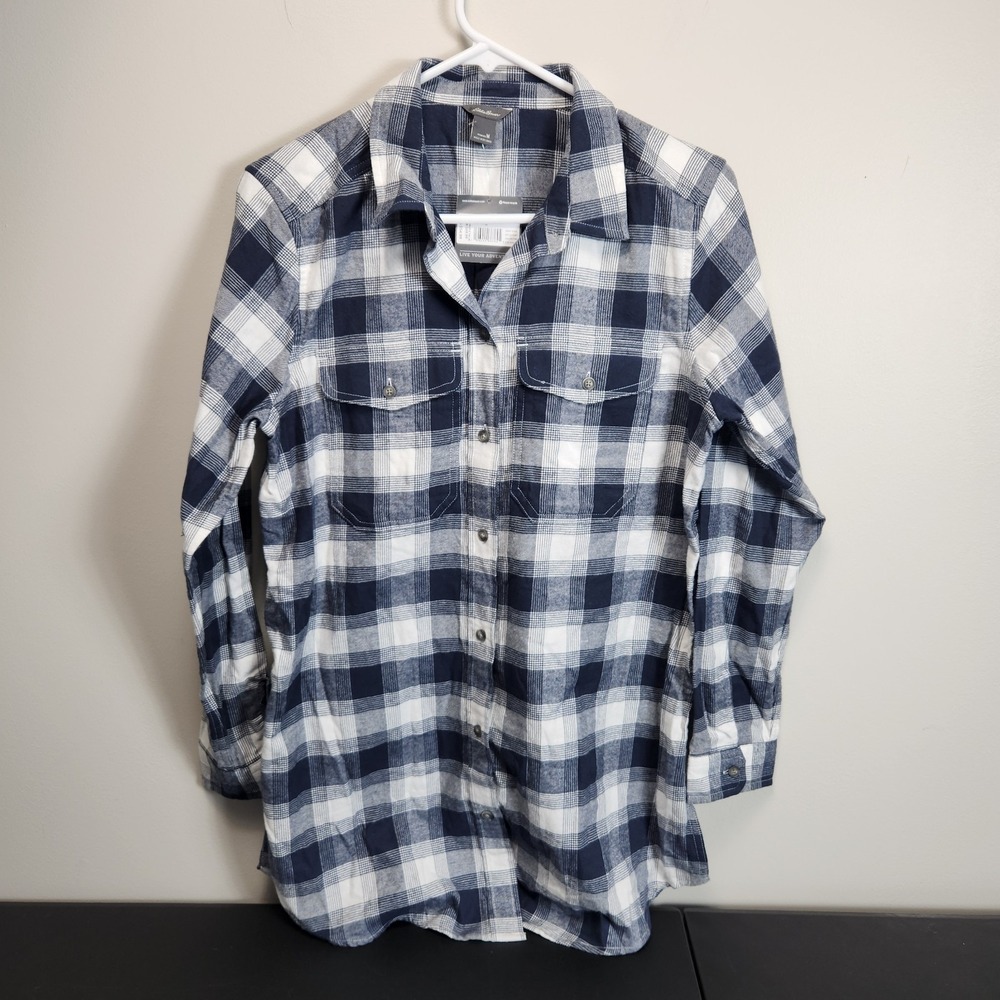 NWT Eddie Bauer WR Field Flannel LS Tunic Plaid Shirt Womens Sz M Gravel Top